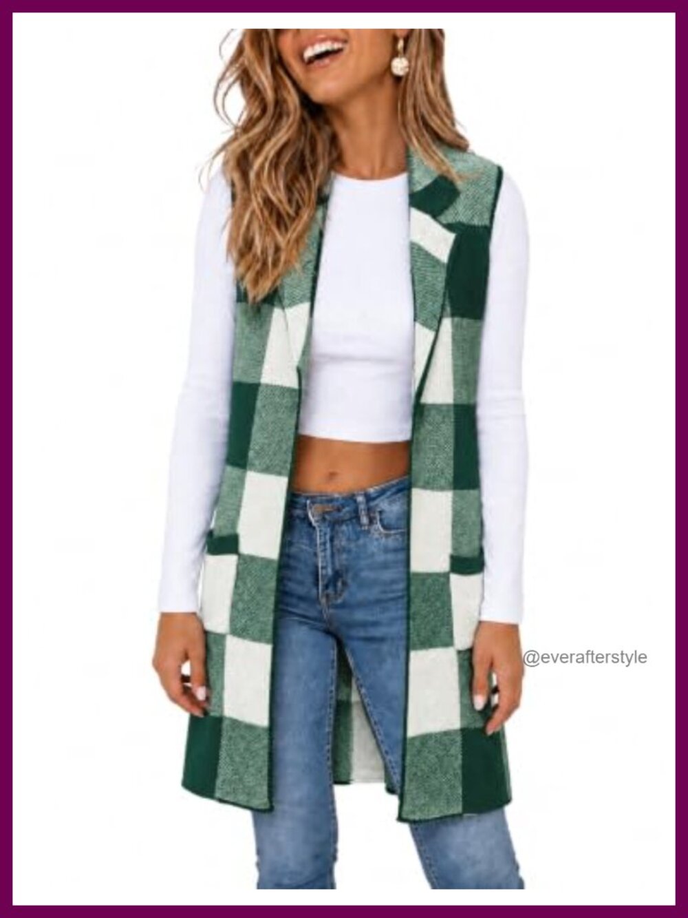 Sleeveless Open Front Plaid Knit Cardigan Vest
